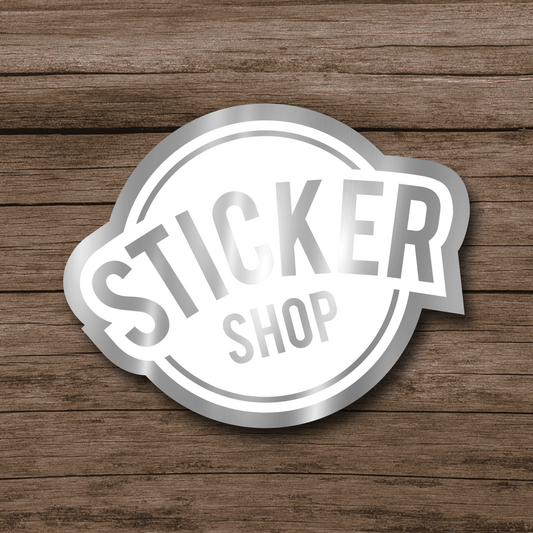 Stickers de papel · Plateado adhesivo tinta blanca